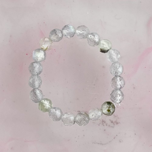 Pierścionek elastyczny "Luna" ze spektrolitu i prehnitu