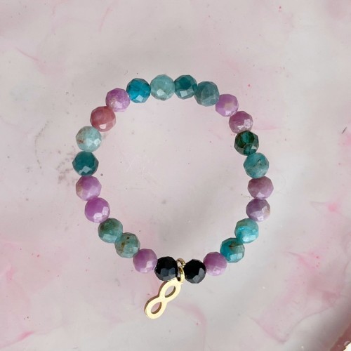 Pierścionek elastyczny "Infinity" z apatytu, fioletowej miki i krzemienia