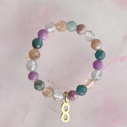 Pierścionek elastyczny "Infinity" z apatytu, fioletowej miki, spektrolitu i kamienia słonecznego