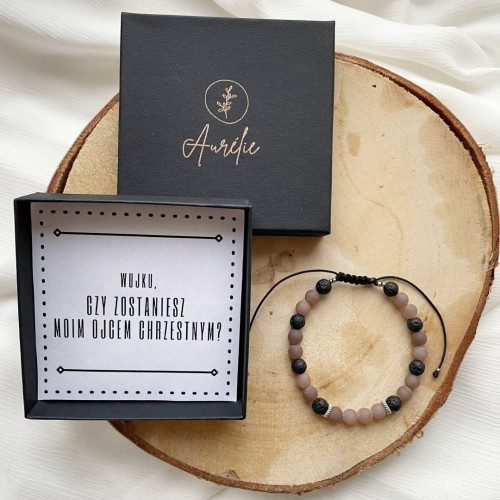bransoletka dla chrzestnego z lawy i beżowego jadeitu